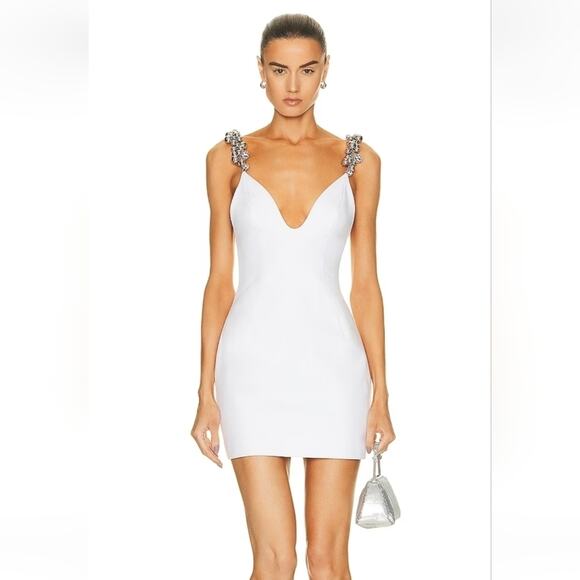 AREA Grape Cluster Dress in White Sleeveless Beaded Straps Medium Mini Deep V - Picture 1 of 14